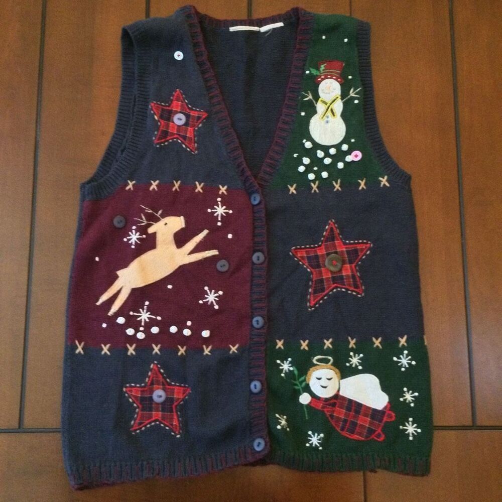 Vintage Basic Edition Holiday Christmas sweater vest green navy large